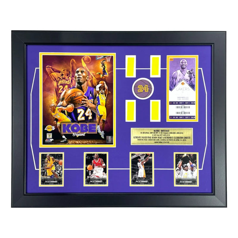 Kobe Bryant Final Lakers Game Used Authentic Confetti & Final Season Ticket Collage Framed #D/248