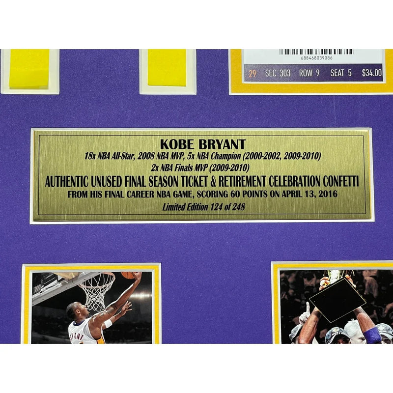 Kobe Bryant Final Lakers Game Used Authentic Confetti & Final Season Ticket Collage Framed #D/248