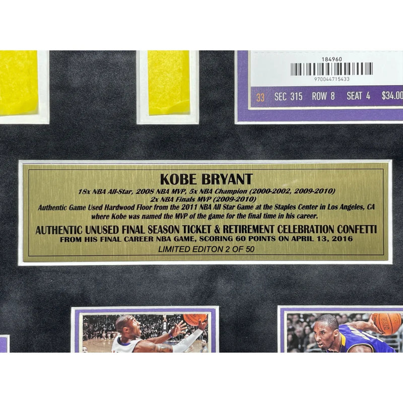Kobe Bryant Final Lakers Game Used Authentic Floor, Confetti & Final Season Ticket Collage Framed