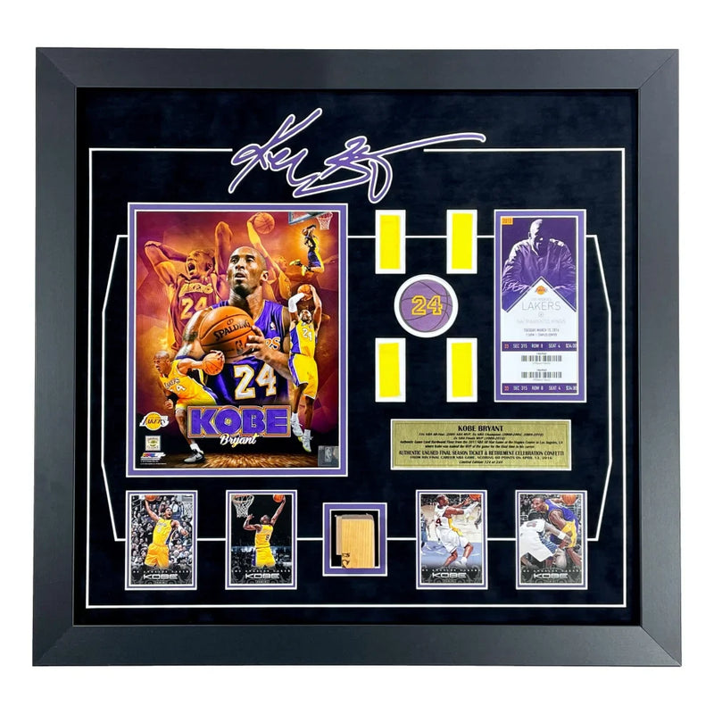 Kobe Bryant Final Lakers Game Used Authentic Floor, Confetti & Final Season Ticket Collage Framed