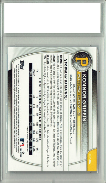 Certified Mint+ Konnor Griffin 2025 Bowman #BP-86 MLB #1 Prospect Rookie Card Pittsburgh Pirates
