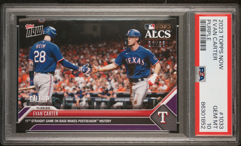 PSA 10 Evan Carter 2023 Topps Now #1037 Purple SP #20/25 Rookie Card Texas Rangers