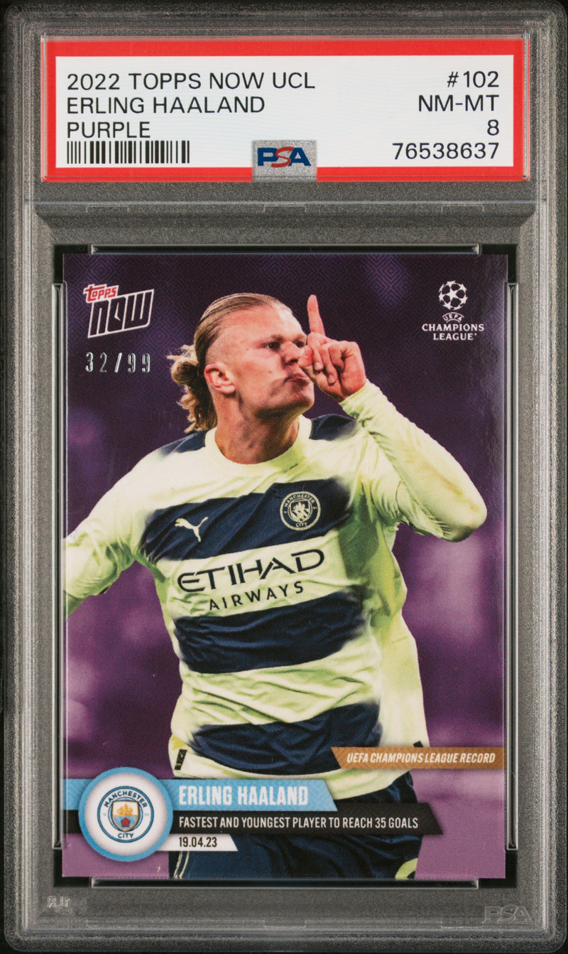 Erling Haaland PSA 8 2022 Topps Now UCL #102 Rare Trading Card Purple #32/99