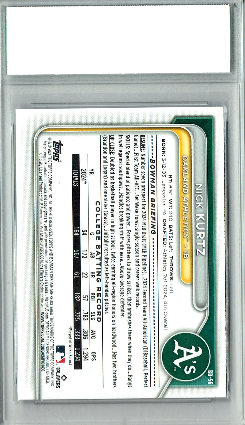 Nick Kurtz Rookie Card 2024 Bowman Draft #BD-56 PRISTINE, PGI 10, Oakland Athletics Baseball