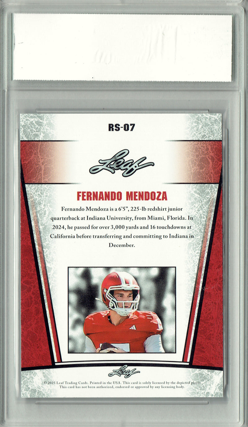 Fernando Mendoza Rookie Card Indiana / Las Vegas PGI 10 Football Trading Card 2025 Leaf #RS-07 Indiana