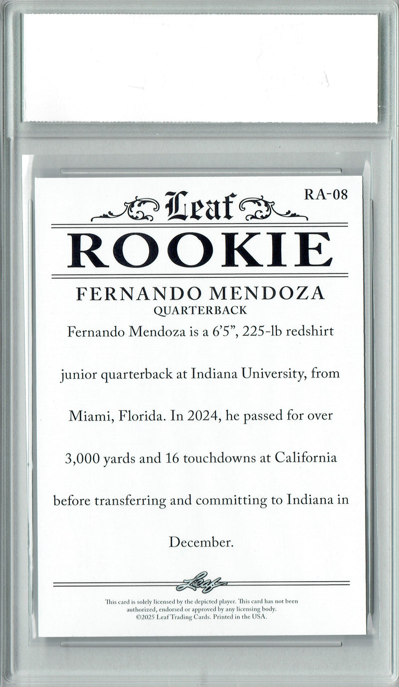 Fernando Mendoza Rookie Card Indiana / Las Vegas Football Trading Card 2025 Leaf #RA-08 #1 Pick  Certified Mint+
