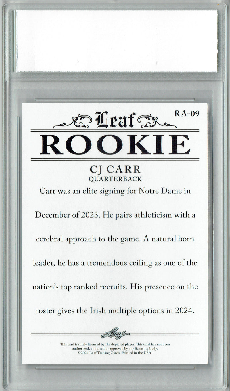 C.J. Carr Rookie Card Notre Dame Football Trading Card 2024 Leaf #RA-09 Prized Rookie  Certified Mint+