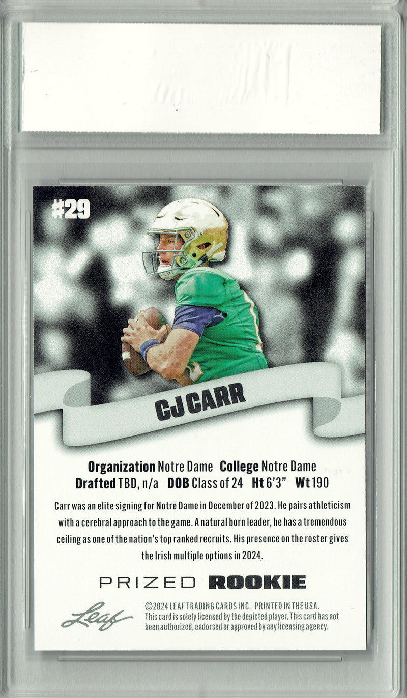 C.J. Carr Rookie Card Notre Dame PGI 10 Gem Mint Football Trading Card 2024 Leaf #29 Notre Dame