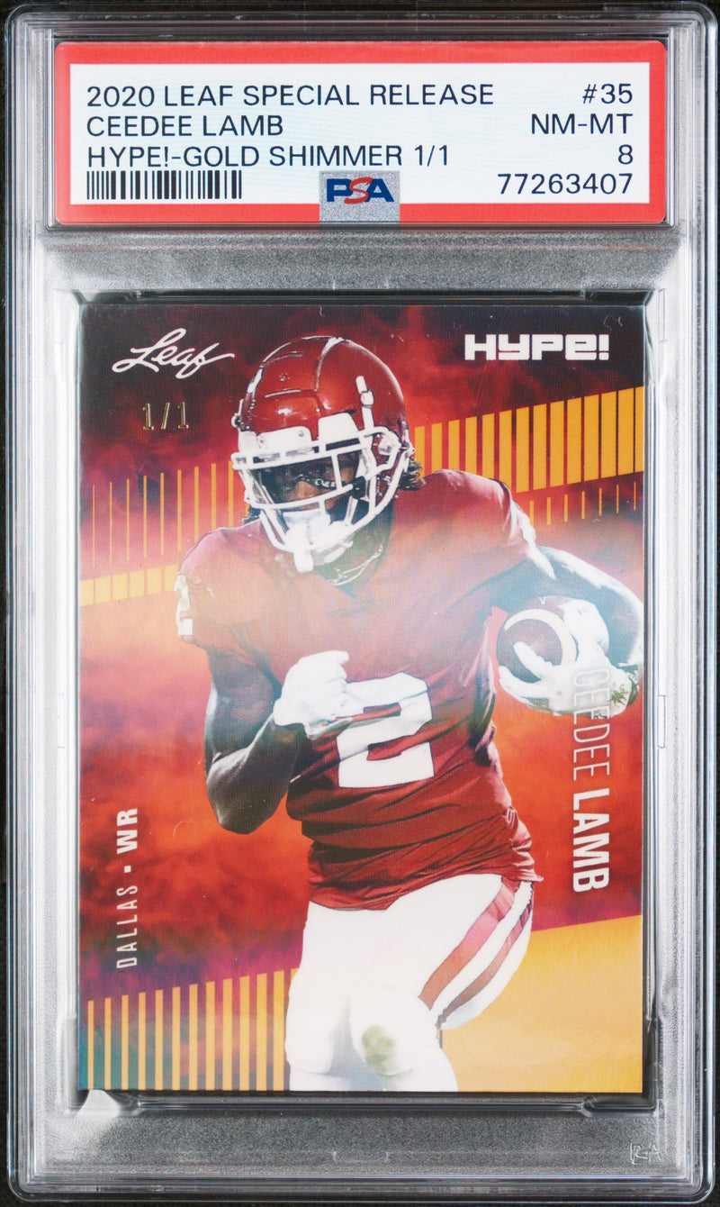 CeeDee Lamb Rookie Card Dallas PSA NM-MT 8 (Near Mint-Mint) Football Trading Card 2020 Leaf Hype #35 Gold Shimmer #1/1
