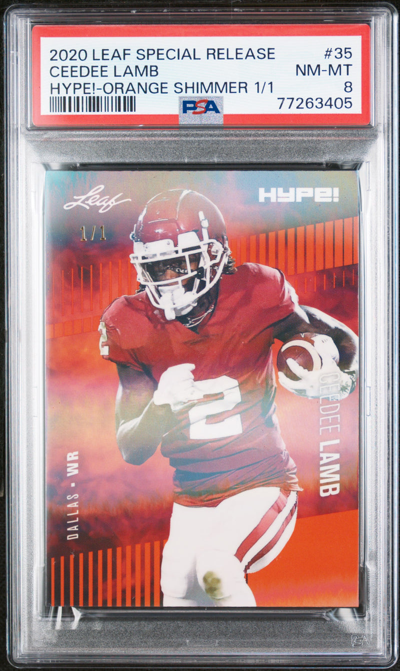 CeeDee Lamb Rookie Card Dallas PSA NM-MT 8 (Near Mint-Mint) Football Trading Card 2020 Leaf Hype #35 Orange Shimmer #1/1