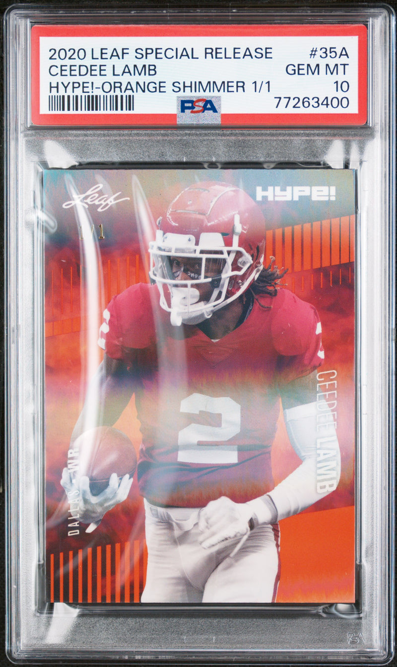 CeeDee Lamb Rookie Card Dallas PSA GEM-MT 10 (Gem Mint) Football Trading Card 2020 Leaf Hype #35A Orange Shimmer #1/1