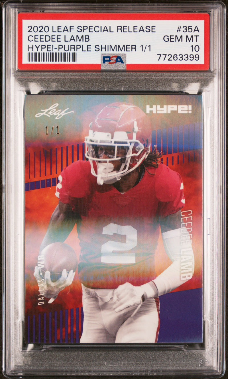 CeeDee Lamb Rookie Card Dallas PSA GEM-MT 10 (Gem Mint) Football Trading Card 2020 Leaf Hype #35A Purple Shimmer #1/1