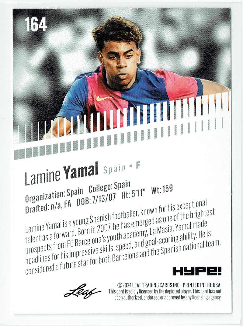 Mint Lamine Yamal 2024 Leaf HYPE! #LH-164 Only 5000 Made Barca Rookie Card