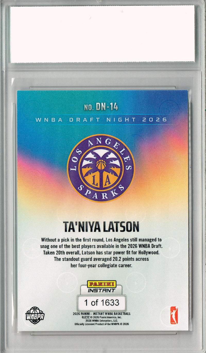 Ta'Niya Latson Rookie Card Los Angeles Sparks 2026 #DN-14 WNBA Draft Night 1 of 1633 Certified Mint+ Trading Card