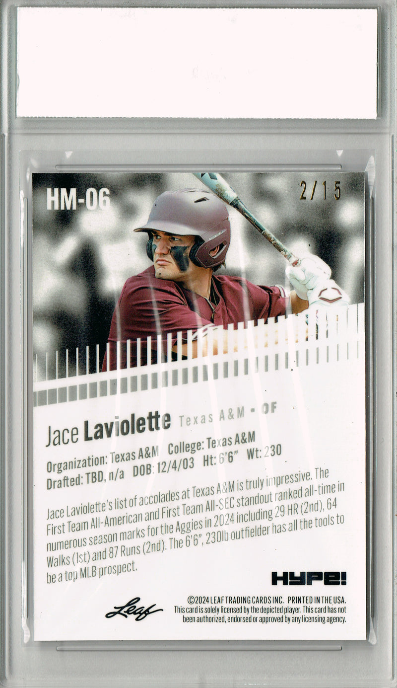 Jace Laviolette Rookie Card Pro Baseball Trading Card 2024 Leaf HYPE! Metal #HM-06 Purple Only 15 Made PGI 10 Gem Mint