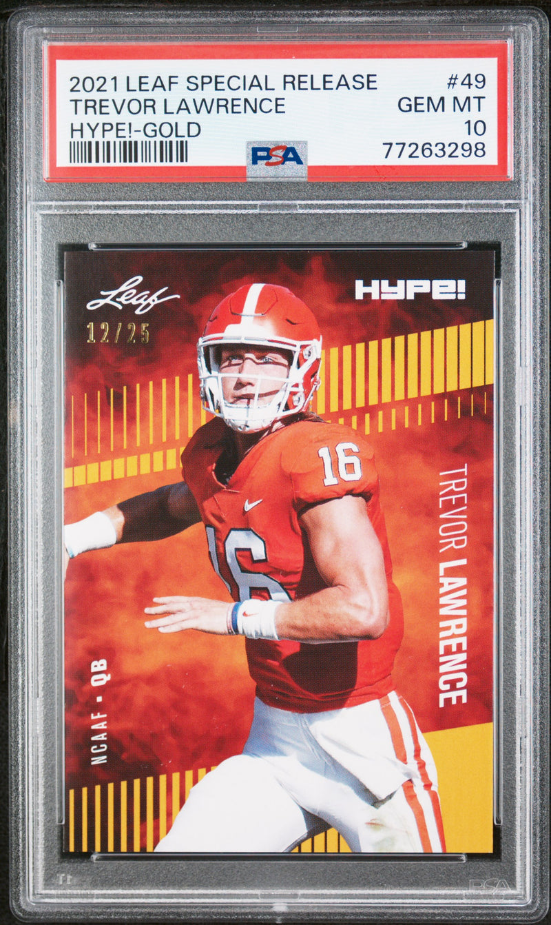 Trevor Lawrence Rookie Card Jacksonville PSA GEM-MT 10 (Gem Mint) Football Trading Card 2021 Leaf Hype #49 Gold #12/25