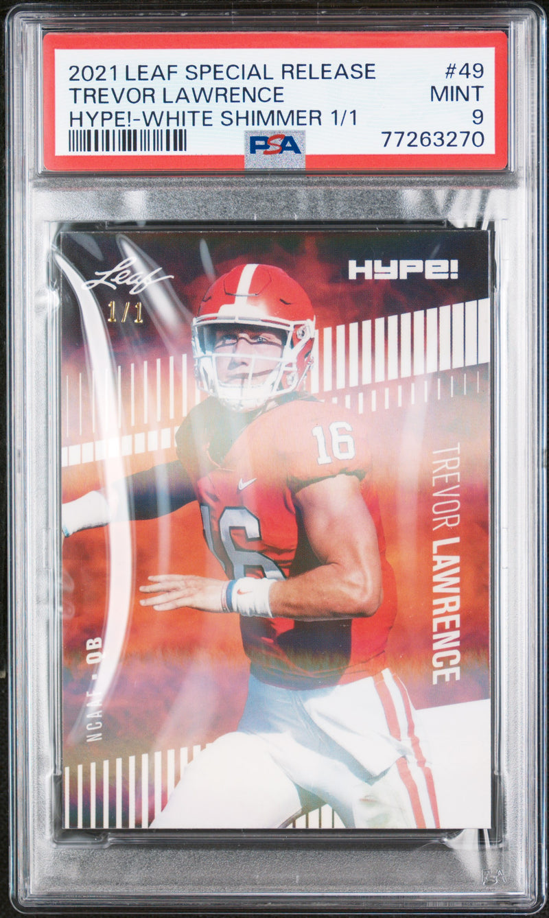 Trevor Lawrence Rookie Card Jacksonville PSA MINT 9 (Mint) Football Trading Card 2021 Leaf Hype #49 White Shimmer #1/1
