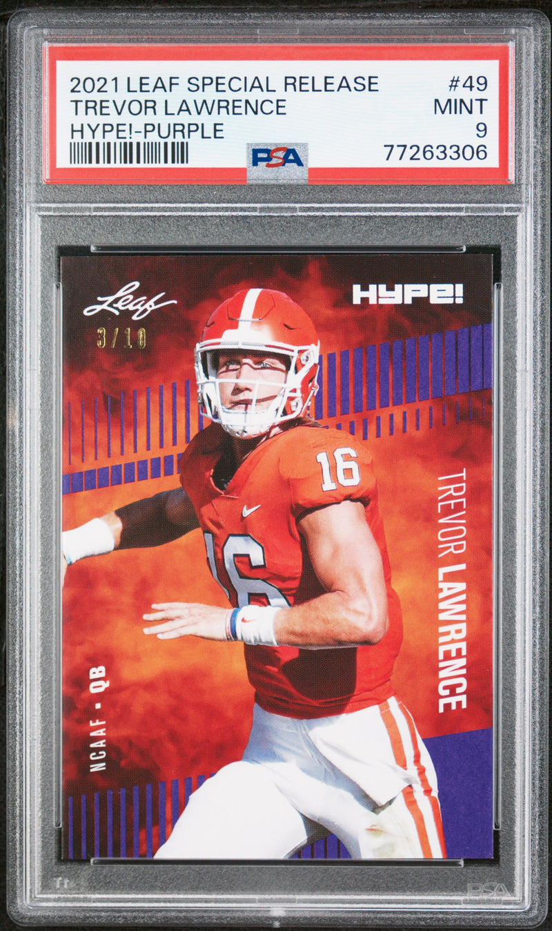 Trevor Lawrence Rookie Card Jacksonville PSA MINT 9 (Mint) Football Trading Card 2021 Leaf Hype #49 Purple #3/10