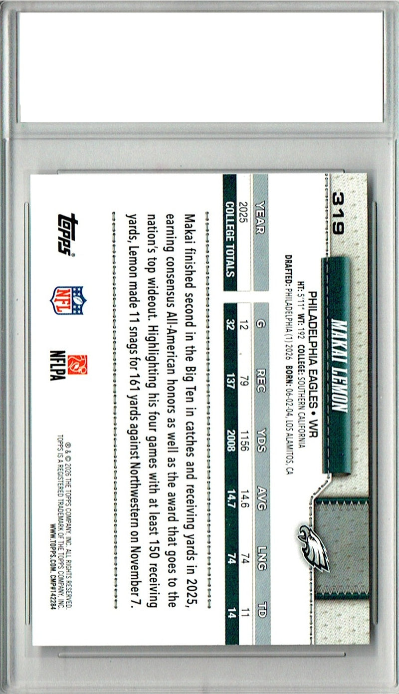 Makai Lemon Rookie Card 2026 Topps #319 Flagship, PGI 10, Philadelphia Eagles Football