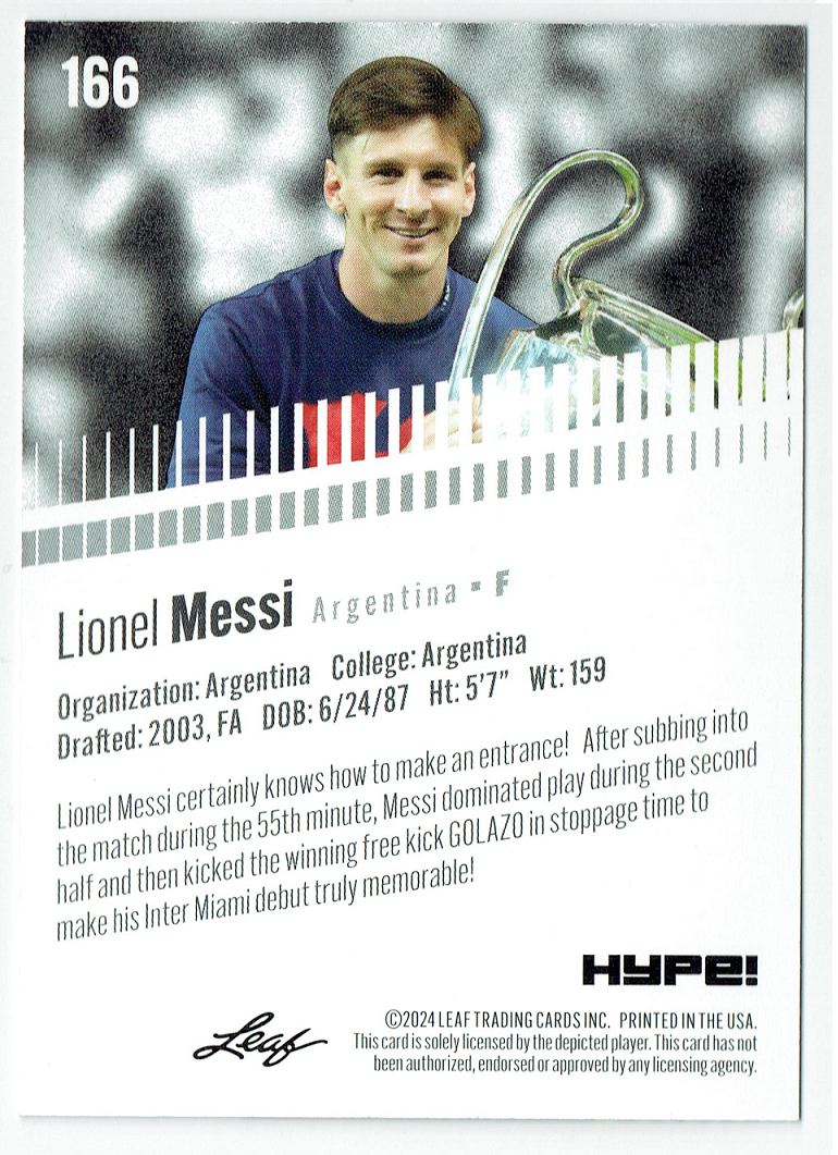 Mint Lionel Messi 2024 Leaf HYPE! #LH-166 Only 5000 Made Argentina Card Barcelona F.C.