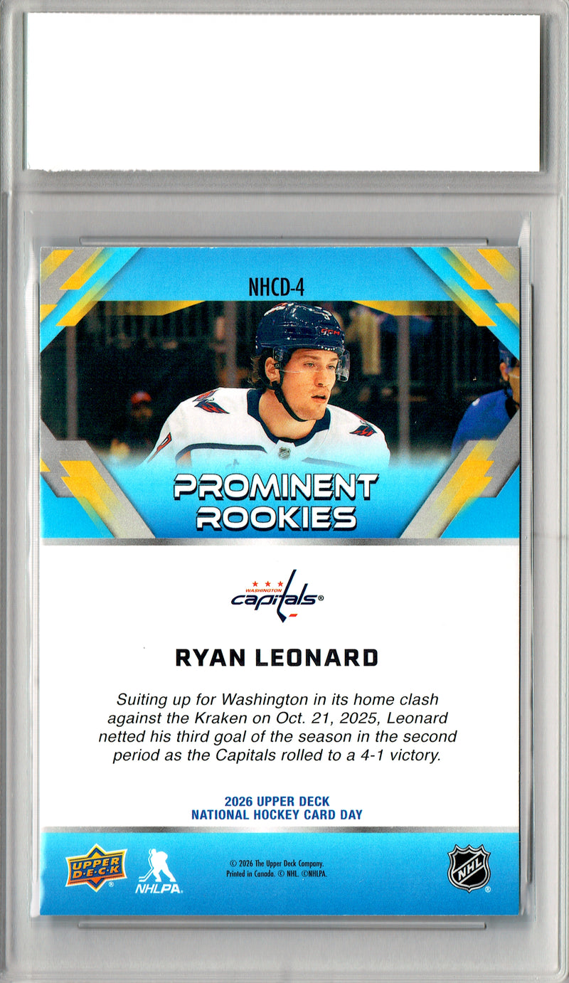 Ryan Leonard Rookie Card 2026 Upper Deck #NHCD-4 National Hockey Card Day, Certified Mint+ Condition, Washington Capitals Hockey