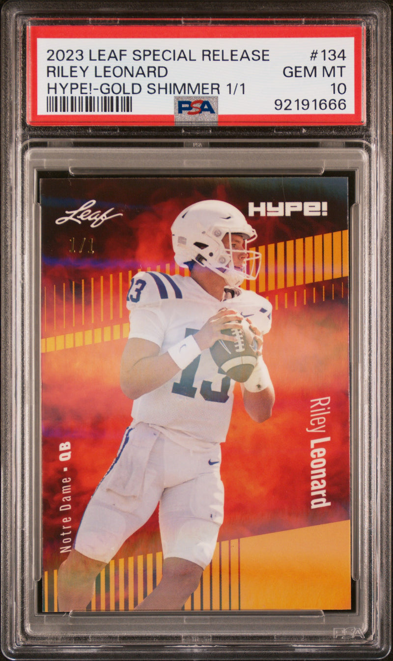 PSA 10 Riley Leonard 2023 Leaf HYPE #134 Gold Shimmer 1/1 Rookie Card Notre Dame