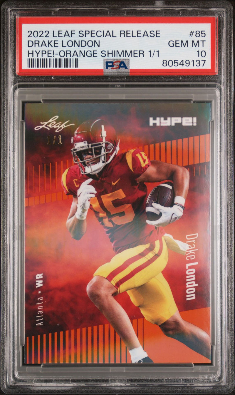 PSA 10 Drake London 2022 Leaf Hype! #85 Orange Shimmer 1 of 1 Rookie Card