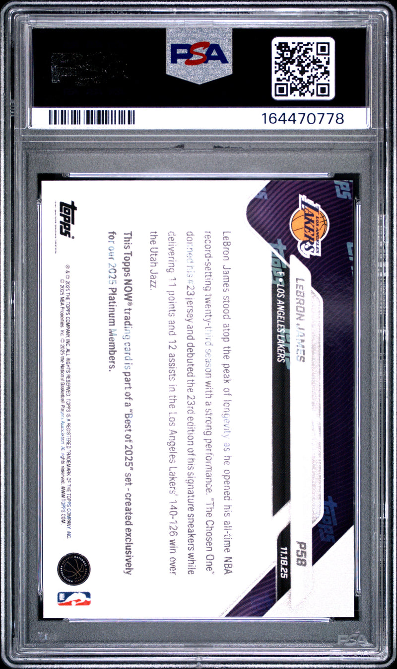 LeBron James Trading Card 2025 Topps Now #P58 Platinum Member Best Of, PSA 10, Los Angeles Lakers Basketball