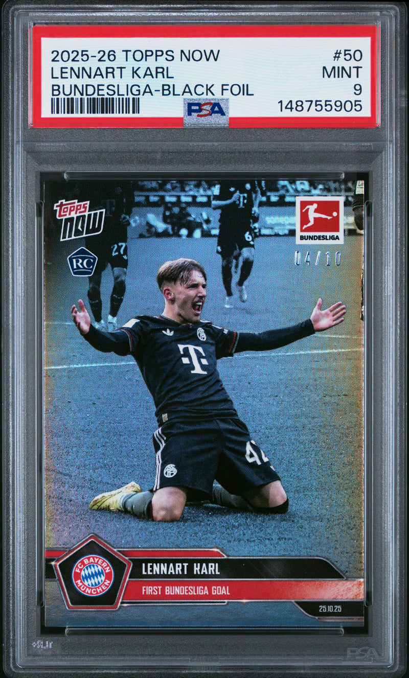 PSA 9 Lennart Karl 2025 Topps Now #50 Black Foil #4/10 Rookie Card Bayern Munchen