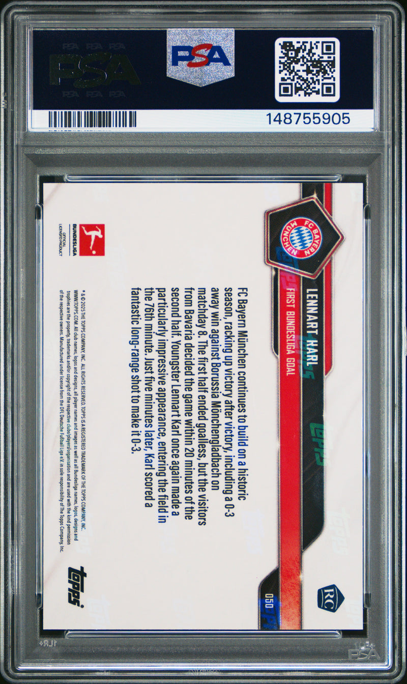 PSA 9 Lennart Karl 2025 Topps Now #50 Black Foil #4/10 Rookie Card Bayern Munchen