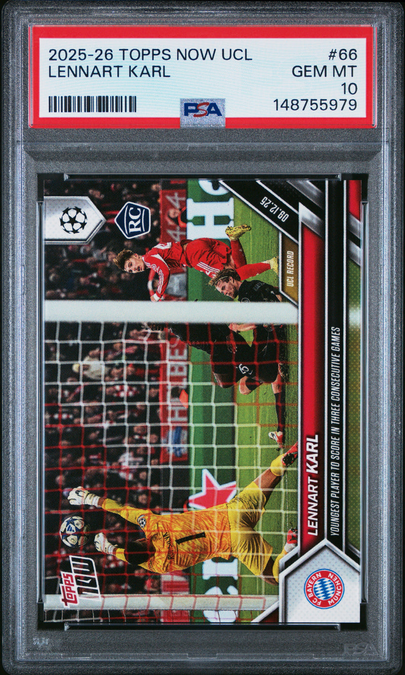 PSA 10 Lennart Karl 2025 Topps Now #66 Youngest to Score Rookie Card Bayern Munchen