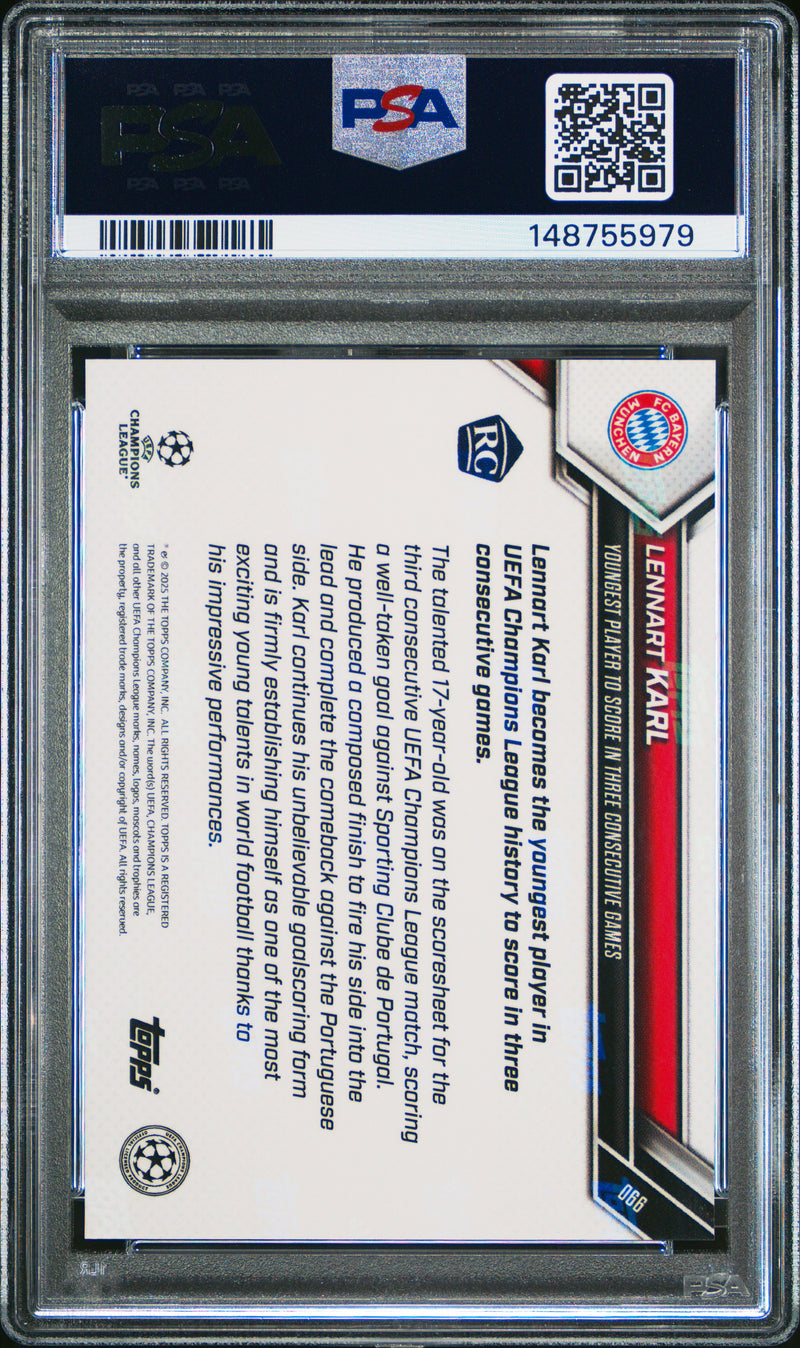PSA 10 Lennart Karl 2025 Topps Now #66 Youngest to Score Rookie Card Bayern Munchen