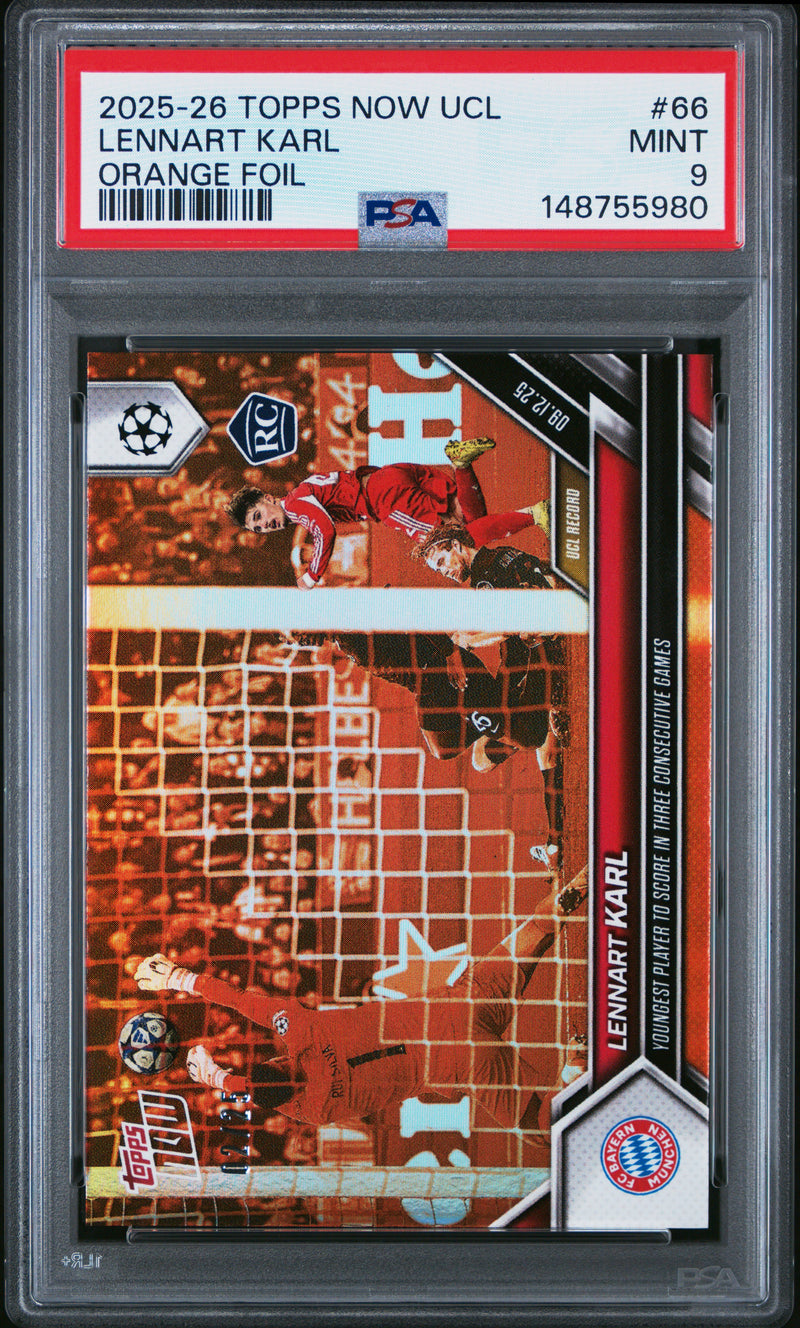 PSA 9 Lennart Karl 2025 Topps Now #66 Orange Foil #2/25 Rookie Card Bayern Munchen