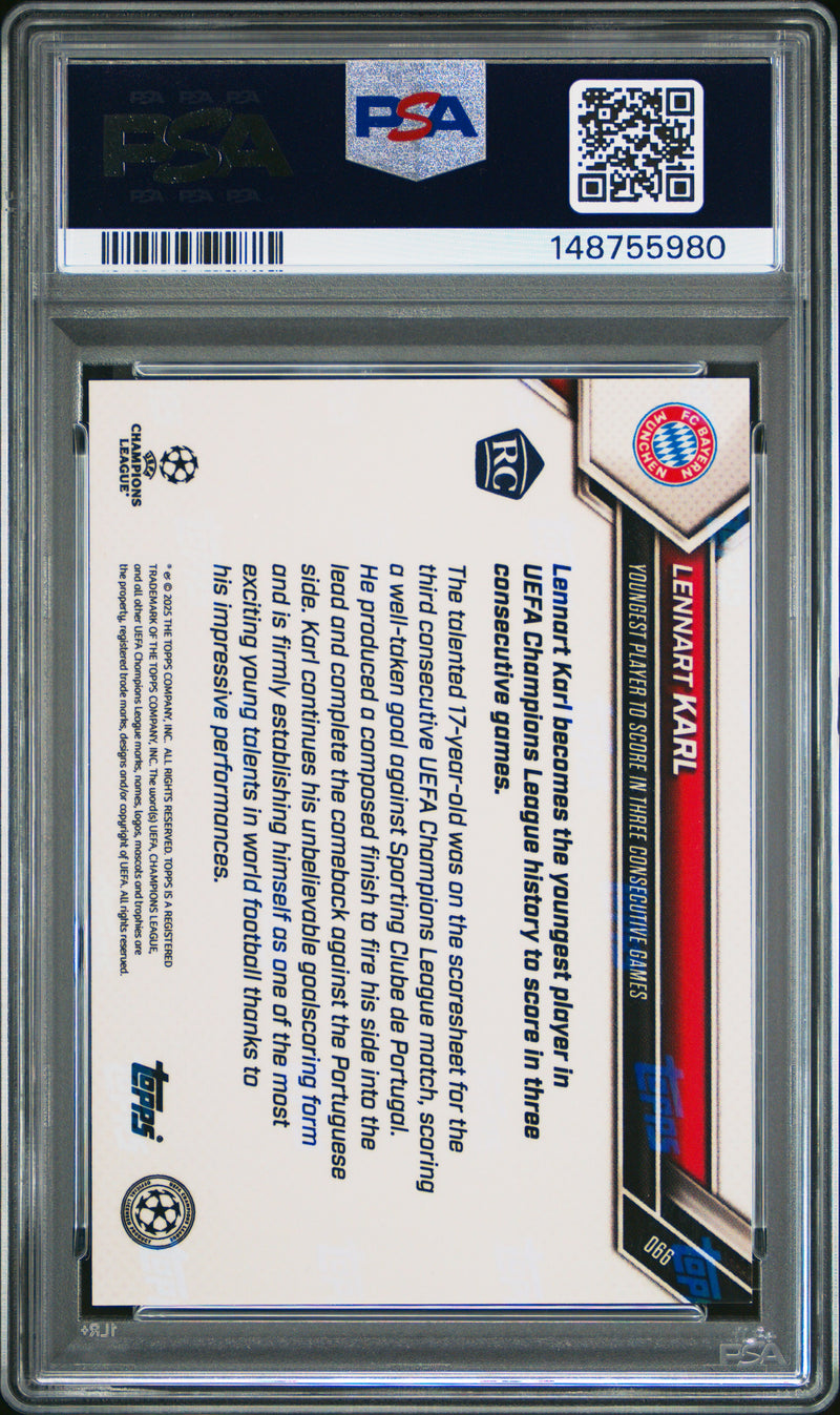 PSA 9 Lennart Karl 2025 Topps Now #66 Orange Foil #2/25 Rookie Card Bayern Munchen