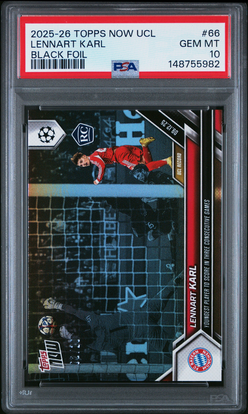 PSA 10 Lennart Karl 2025 Topps Now #66 Black Foil #2/10 Rookie Card Bayern Munchen