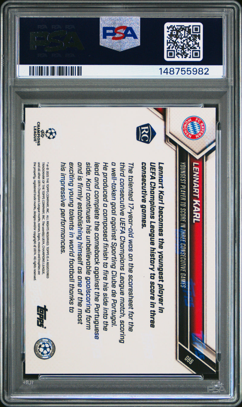 PSA 10 Lennart Karl 2025 Topps Now #66 Black Foil #2/10 Rookie Card Bayern Munchen