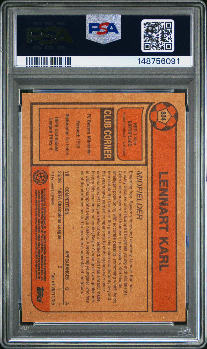 PSA 9 Lennart Karl 2025 Topps Living Set #834 Rookie Card Bayern Munchen