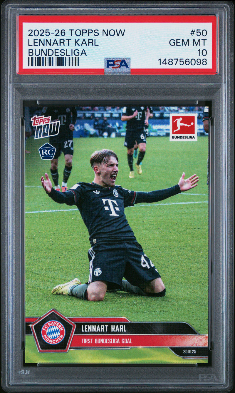 PSA 10 Lennart Karl 2025 Topps Now #50 1st Bundesliga Goal Rookie Card Bayern Munchen