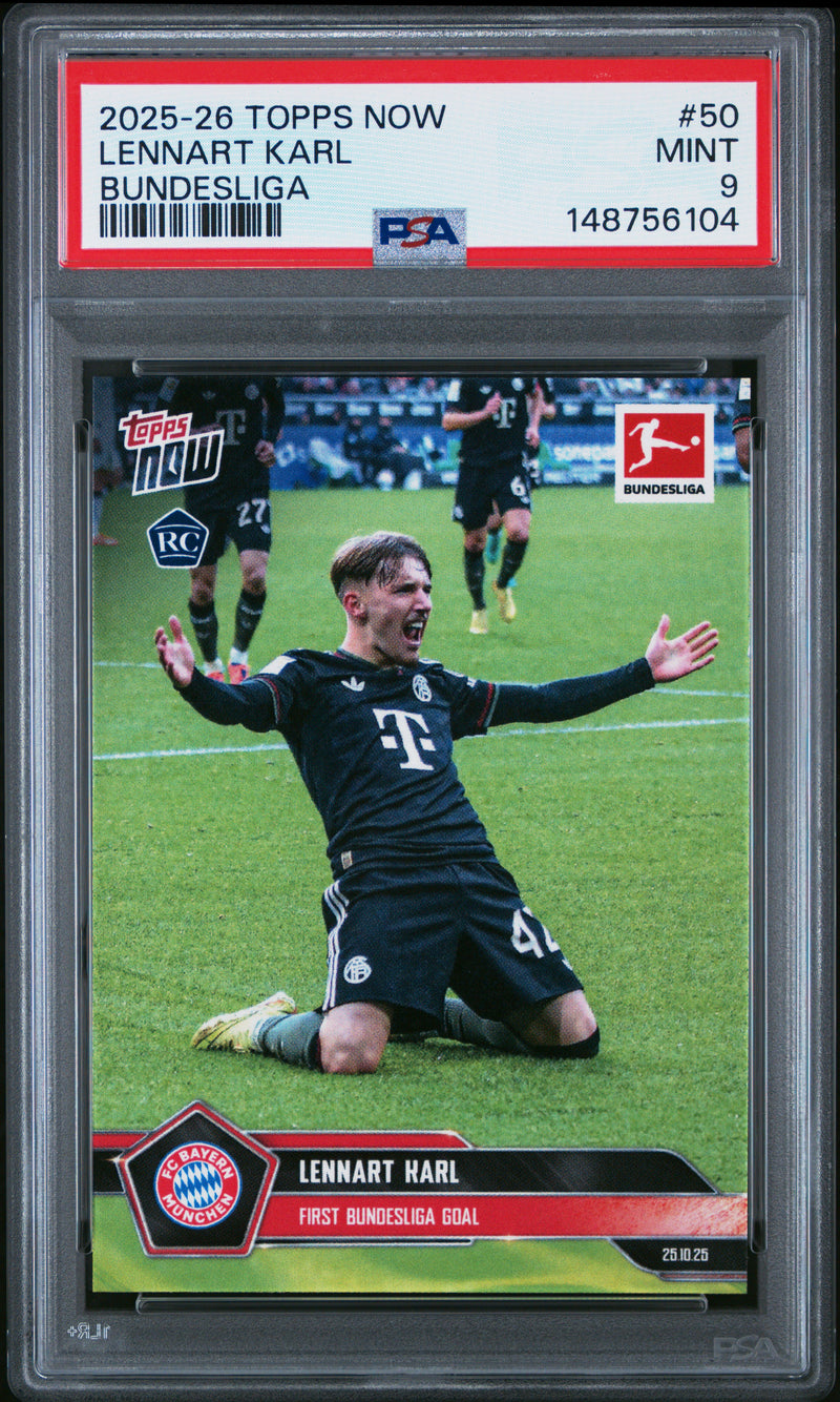 PSA 9 Lennart Karl 2025 Topps Now #50 1st Bundesliga Goal Rookie Card Bayern Munchen