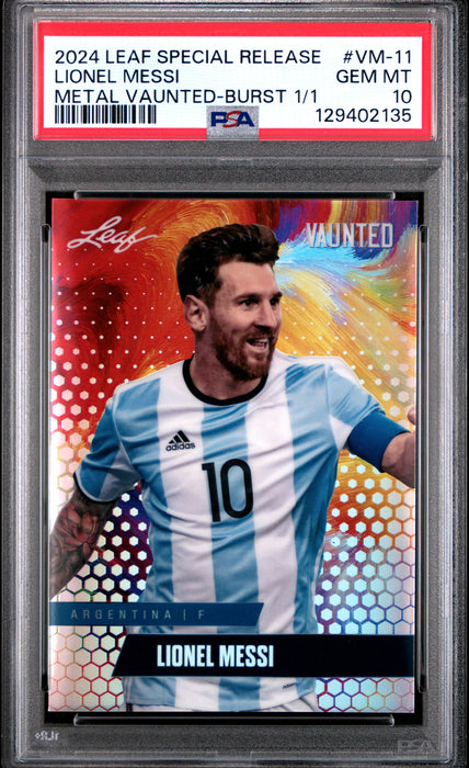 PSA 10 Lionel Messi 2024 Leaf Vaunted Metal #VM-11 Burst 1/1 Rare Trading Card