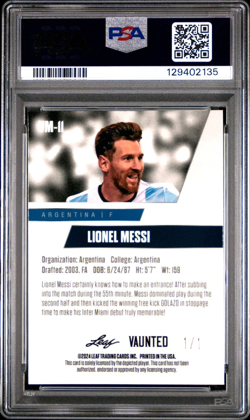 PSA 10 Lionel Messi 2024 Leaf Vaunted Metal #VM-11 Burst 1/1 Rare Trading Card Argentina