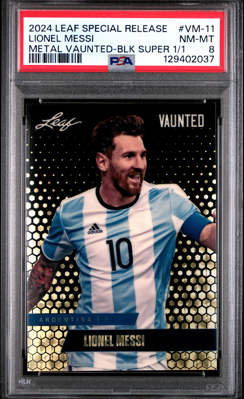 PSA 8 Lionel Messi 2024 Leaf Vaunted Metal #VM-11 Black Superprismatic 1/1 Rare Trading Card Argentina
