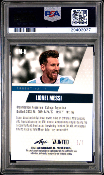 PSA 8 Lionel Messi 2024 Leaf Vaunted Metal #VM-11 Black Superprismatic 1/1 Rare Trading Card