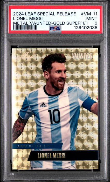 PSA 9 Lionel Messi 2024 Leaf Vaunted Metal #VM-11 Gold Superprismatic 1/1 Rare Trading Card