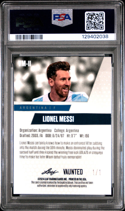 PSA 9 Lionel Messi 2024 Leaf Vaunted Metal #VM-11 Gold Superprismatic 1/1 Rare Trading Card