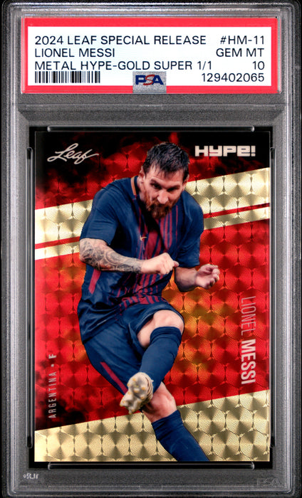 PSA 10 Lionel Messi 2024 Leaf HYPE! Metal #HM-11 Gold Superprismatic 1/1 Rare Trading Card