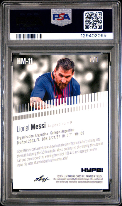 PSA 10 Lionel Messi 2024 Leaf HYPE! Metal #HM-11 Gold Superprismatic 1/1 Rare Trading Card