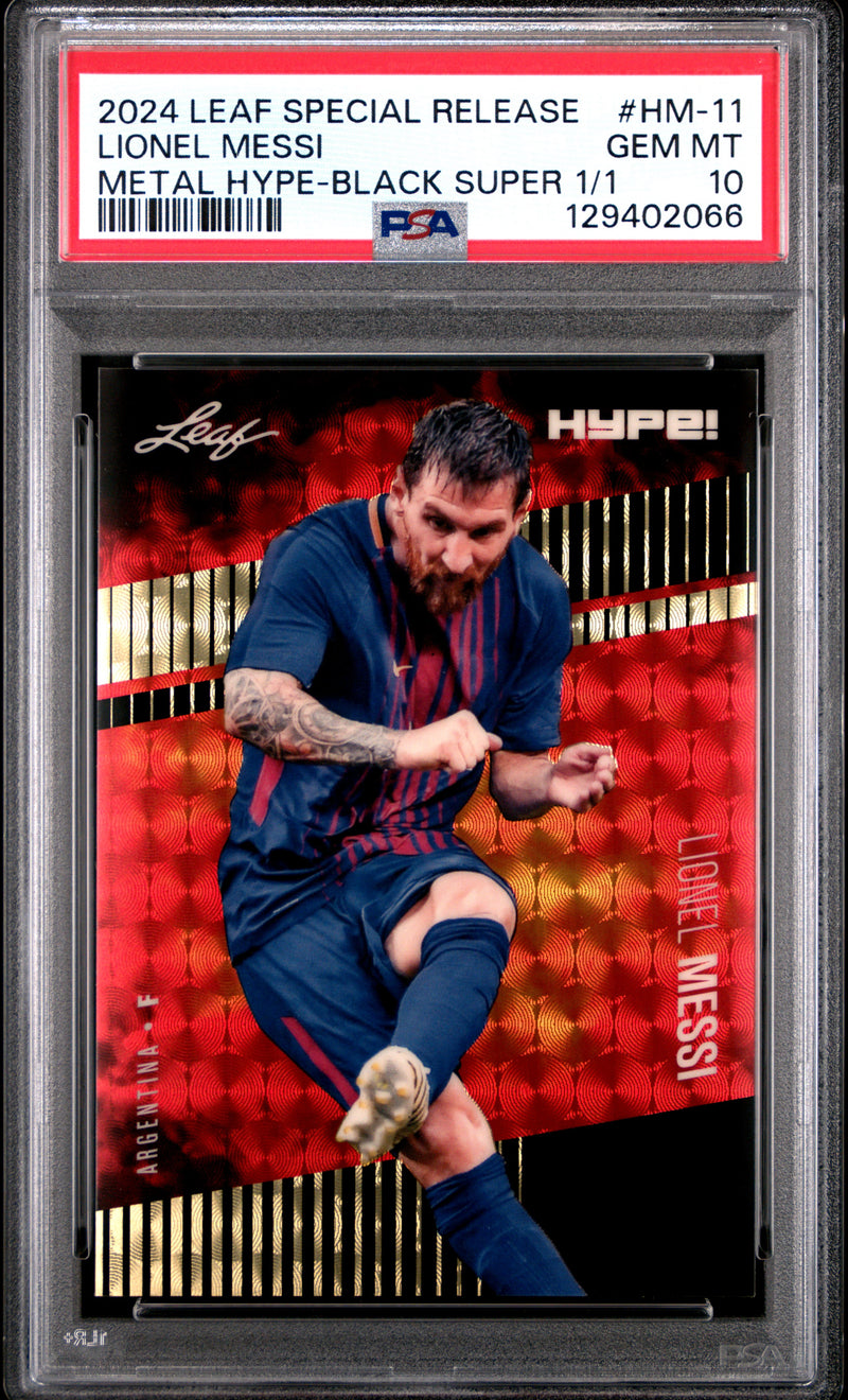 PSA 10 Lionel Messi 2024 Leaf HYPE! Metal #HM-11 Black Superprismatic 1/1 Rare Trading Card Barcelona