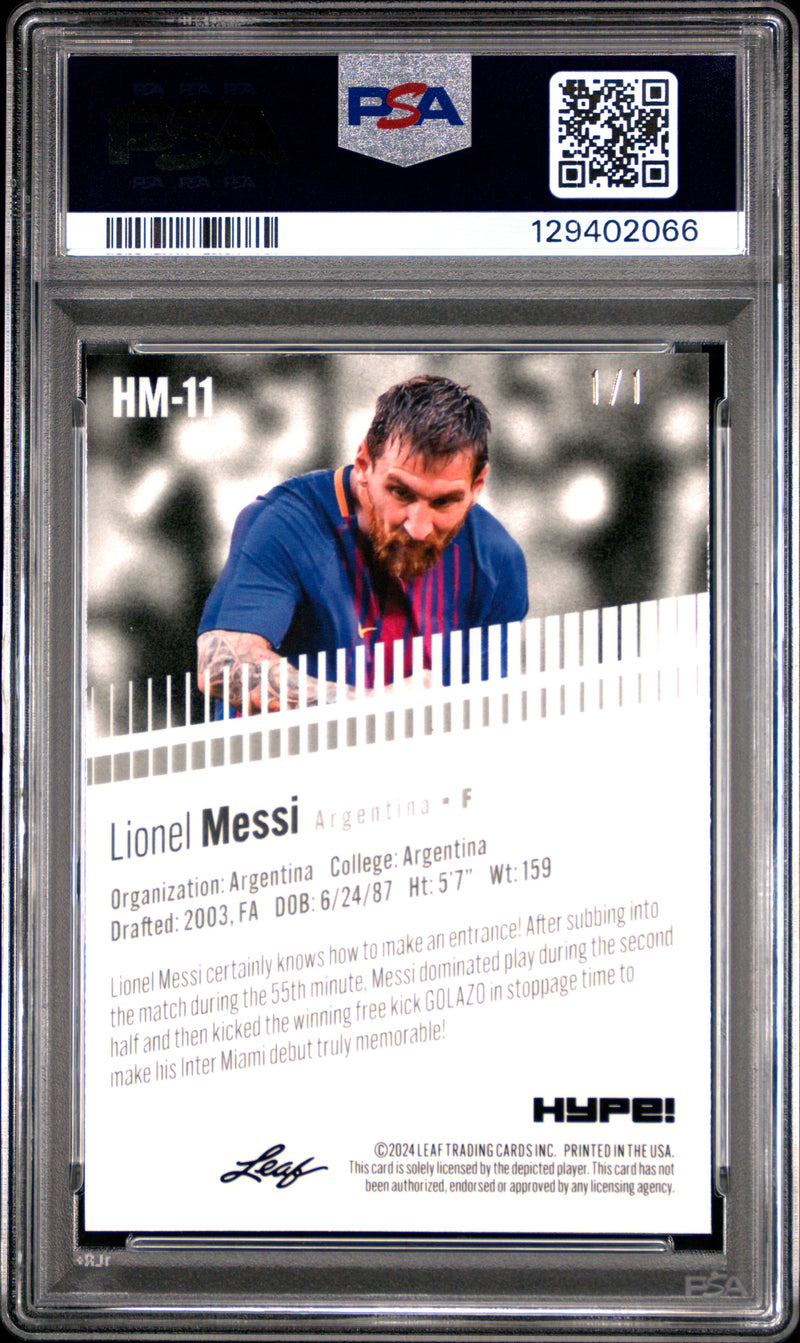 PSA 10 Lionel Messi 2024 Leaf HYPE! Metal #HM-11 Black Superprismatic 1/1 Rare Trading Card Barcelona