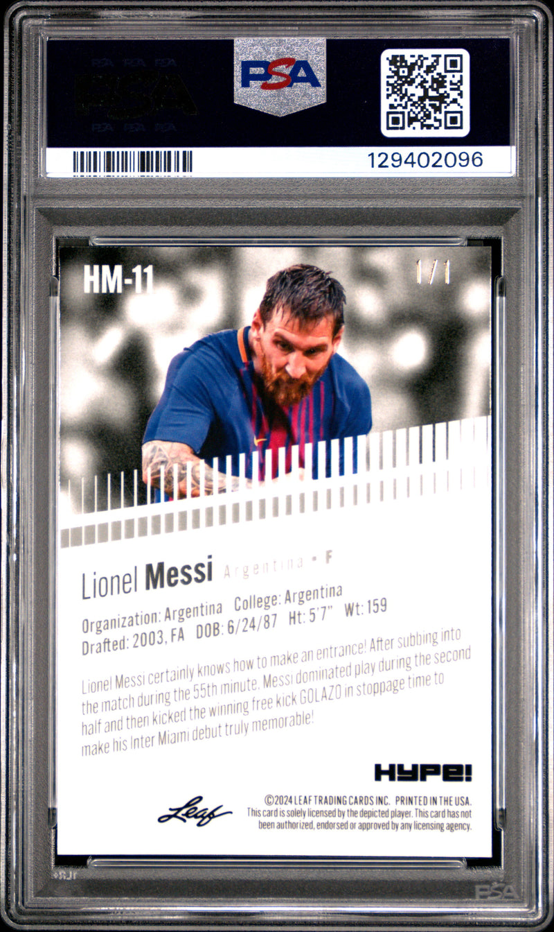 PSA 9 Lionel Messi 2024 Leaf HYPE! Metal #HM-11 Matrix 1/1 Rare Trading Card Barcelona